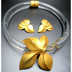 INNA CYTRINE PARIS Golden Leaves Clear Lucite Necklace Earring Set RARE!